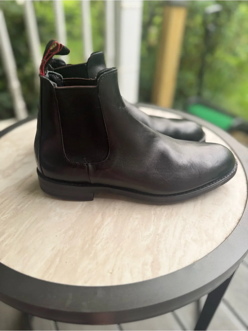 Allen Edmonds Black Leather Nomad Chelsea Boots with Red Heel Pull